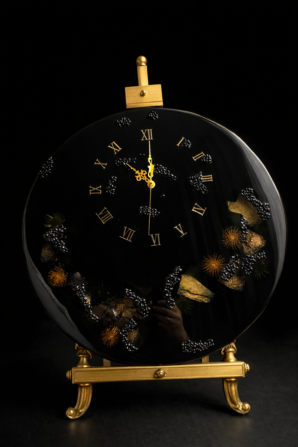 50cm Large Luxury Midnight Black Resin Table Clock with Gold Roman Numerals