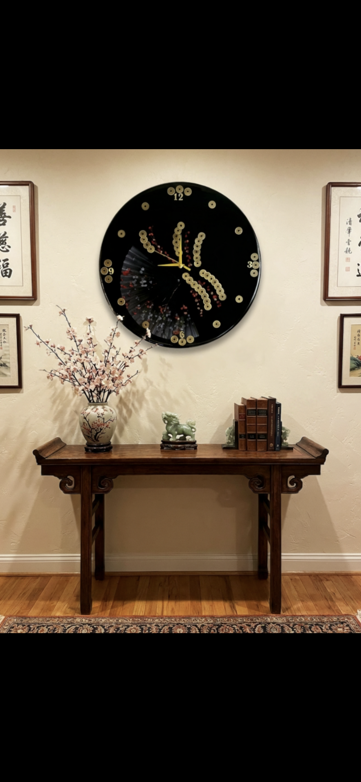 Handcrafted Feng Shui Wall Clock – Black Lacquer Oriental Decor with Coins, Fan
