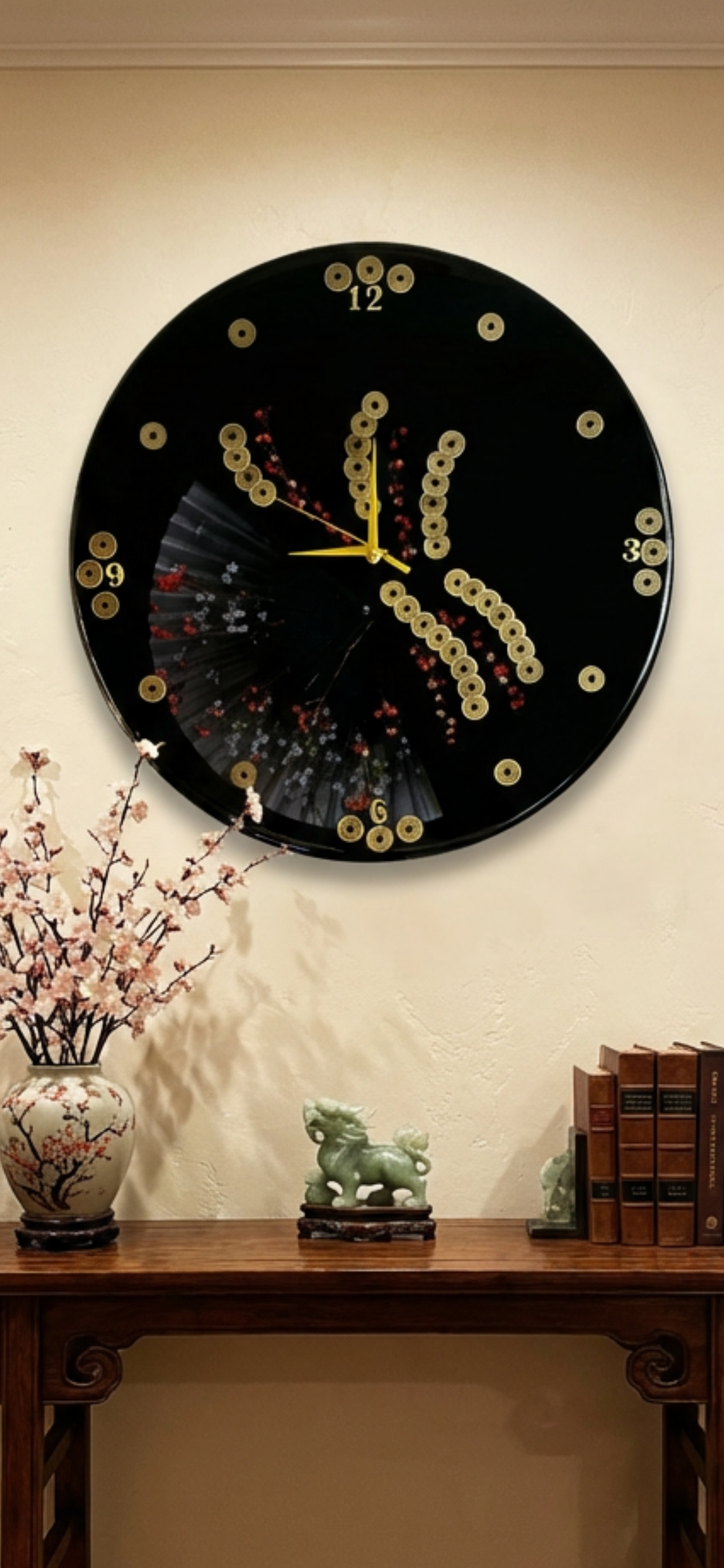 Handcrafted Feng Shui Wall Clock – Black Lacquer Oriental Decor with Coins, Fan