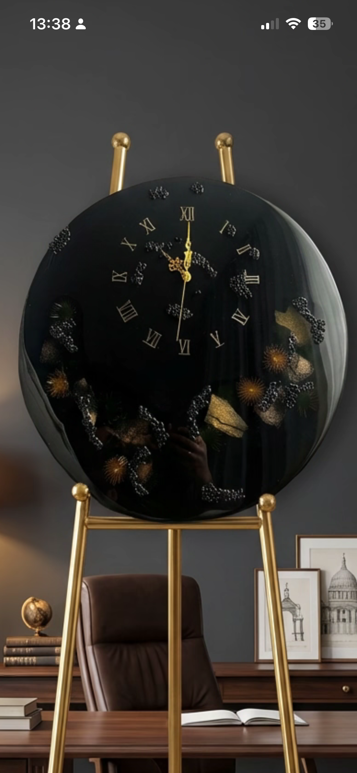 50cm Large Luxury Midnight Black Resin Table Clock with Gold Roman Numerals