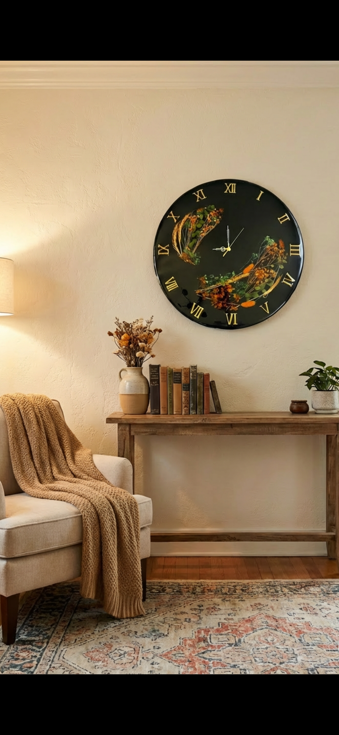 Large Resin Wall Clock with Real Pressed Flowers – Botanical Black Gold Roman Numeral timepiece