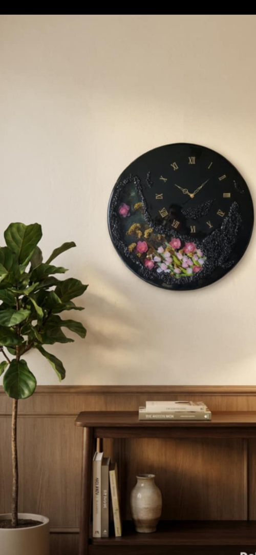 50cm Large Floral Resin Wall Clock, Black and Gold, Modern Botanical Art