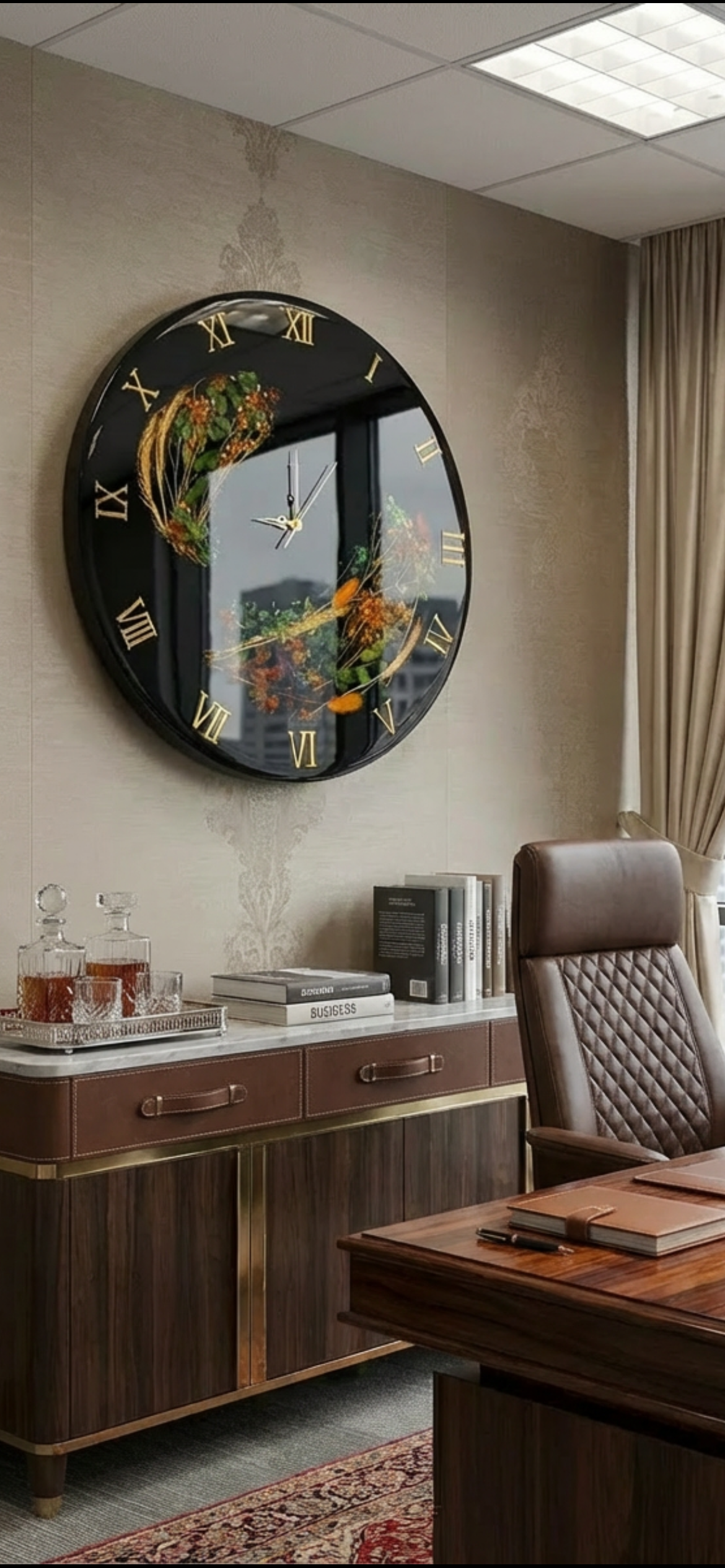 Large Resin Wall Clock with Real Pressed Flowers – Botanical Black Gold Roman Numeral timepiece