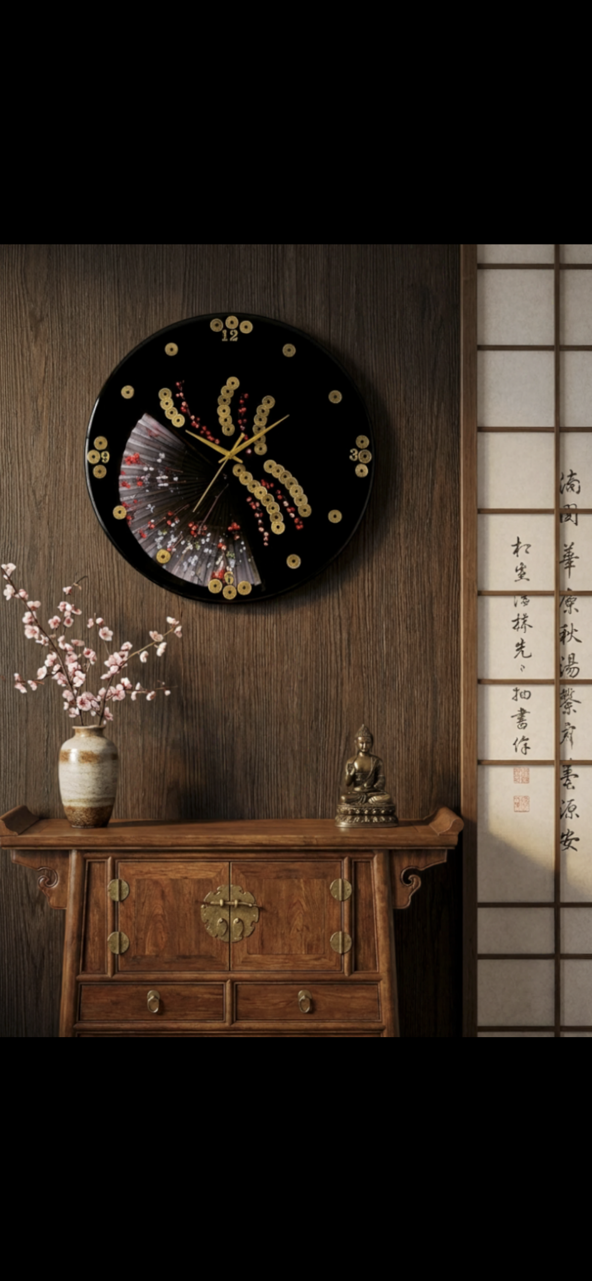 Handcrafted Feng Shui Wall Clock – Black Lacquer Oriental Decor with Coins, Fan