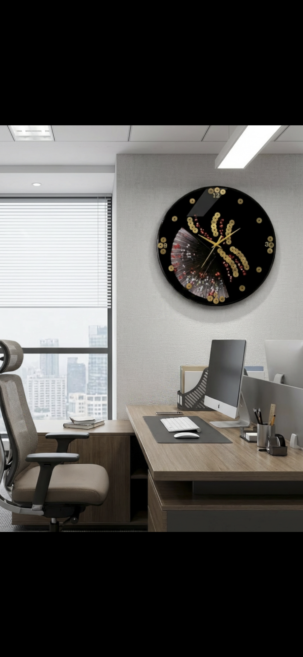 Handcrafted Feng Shui Wall Clock – Black Lacquer Oriental Decor with Coins, Fan