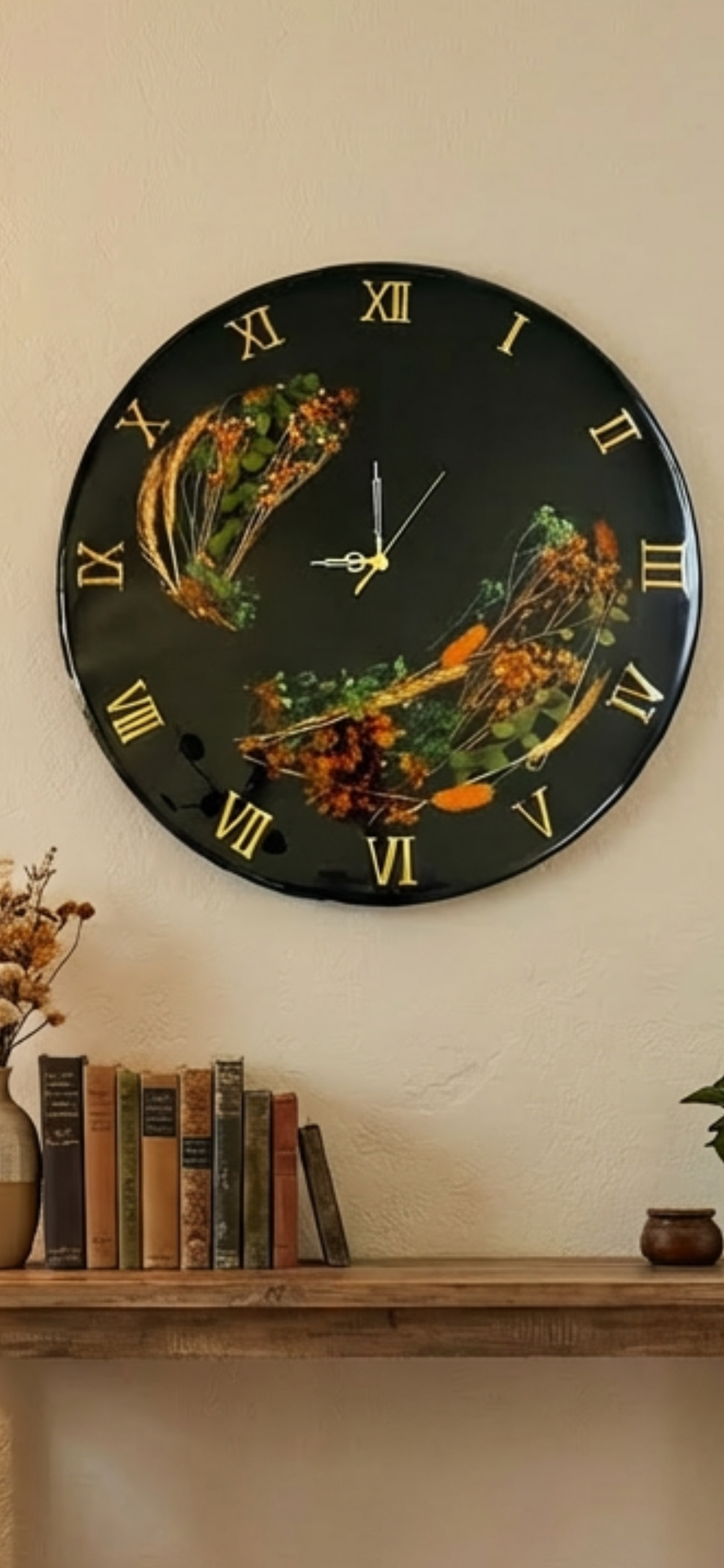 Large Resin Wall Clock with Real Pressed Flowers – Botanical Black Gold Roman Numeral timepiece