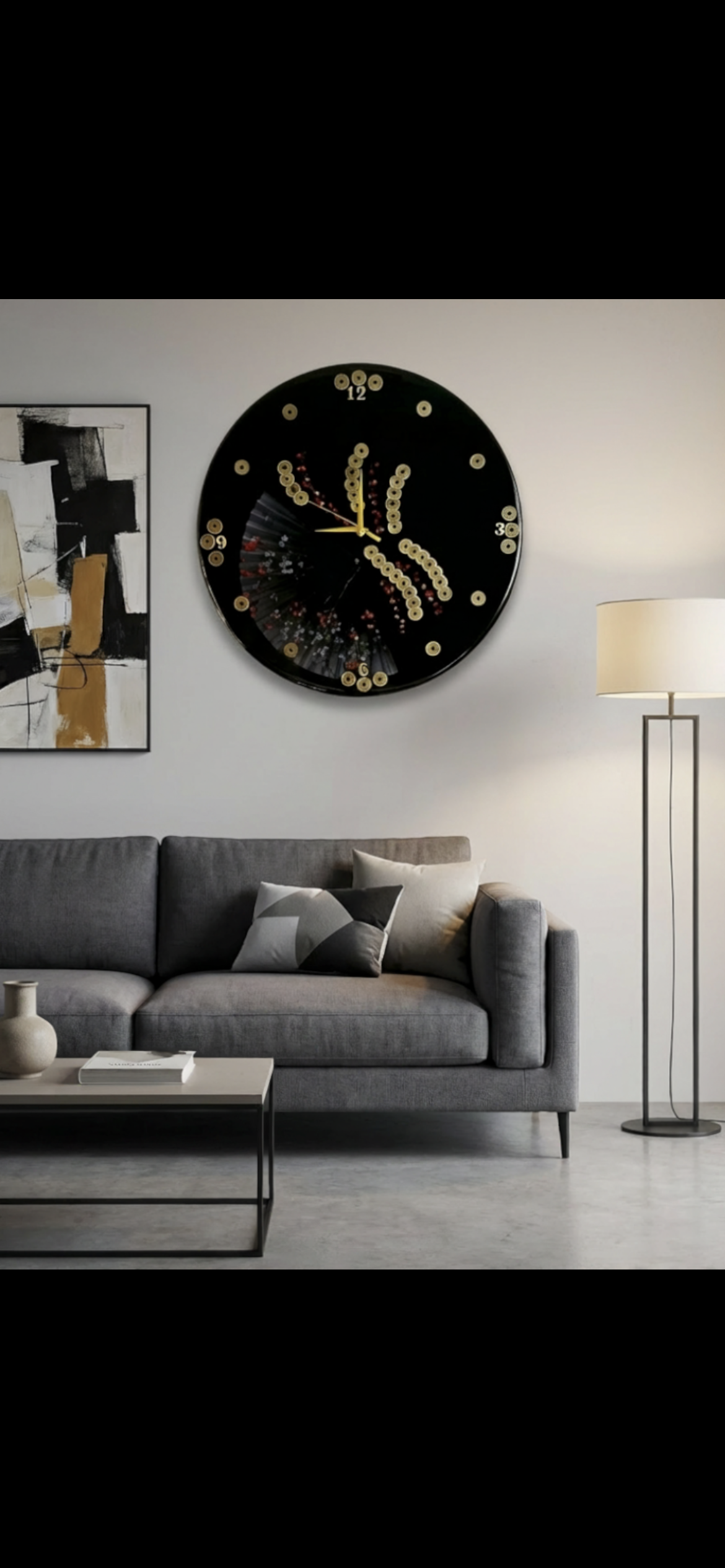 Handcrafted Feng Shui Wall Clock – Black Lacquer Oriental Decor with Coins, Fan