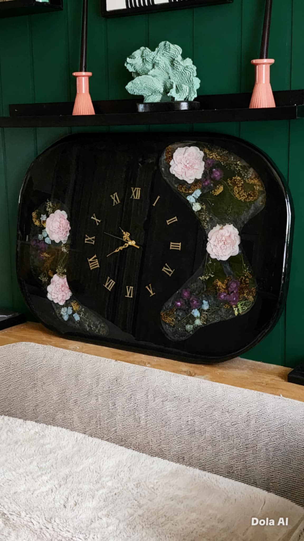 Oversized Midnight Resin Wall Clock with Everlasting Silk Florals – 80cm