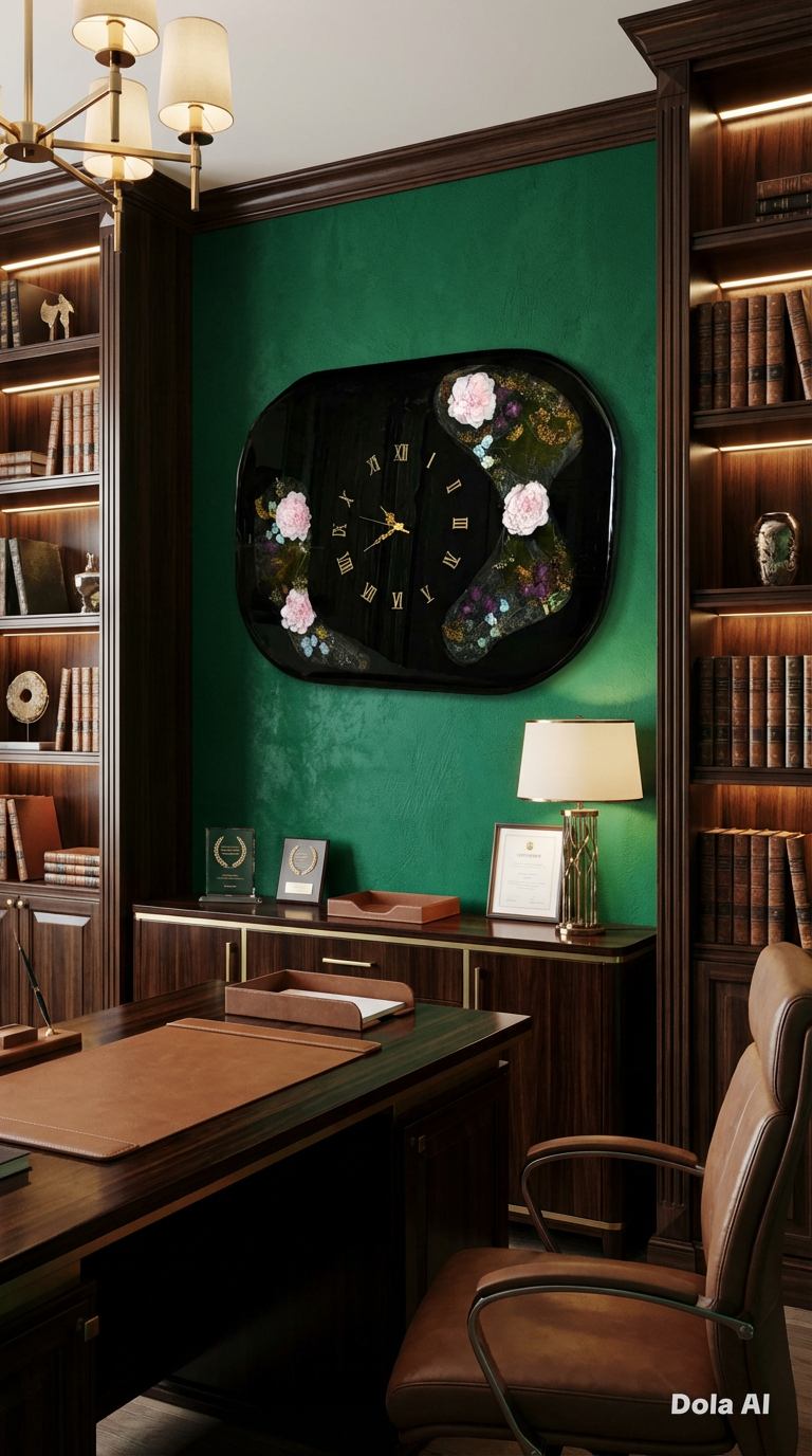 Oversized Midnight Resin Wall Clock with Everlasting Silk Florals – 80cm
