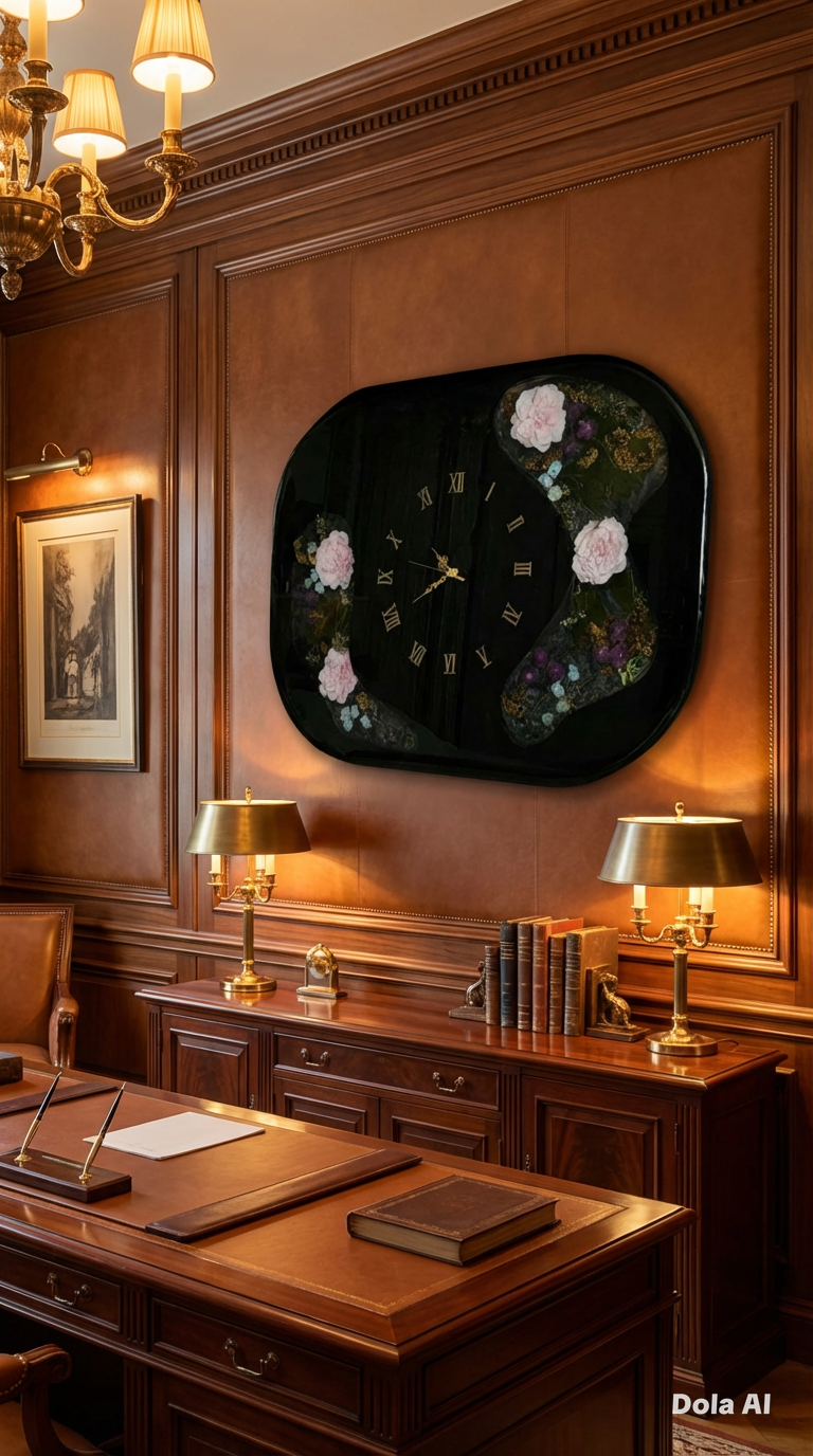 Oversized Midnight Resin Wall Clock with Everlasting Silk Florals – 80cm