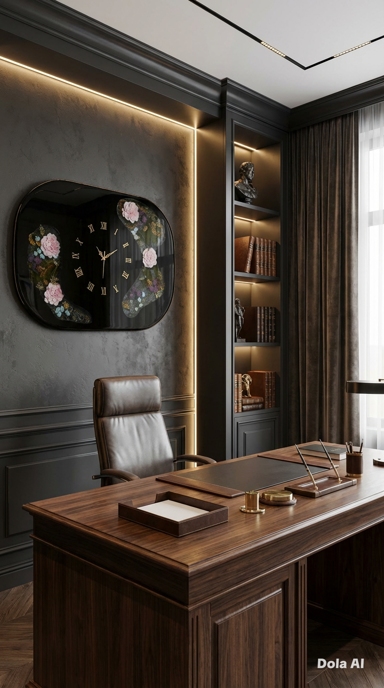 Oversized Midnight Resin Wall Clock with Everlasting Silk Florals – 80cm